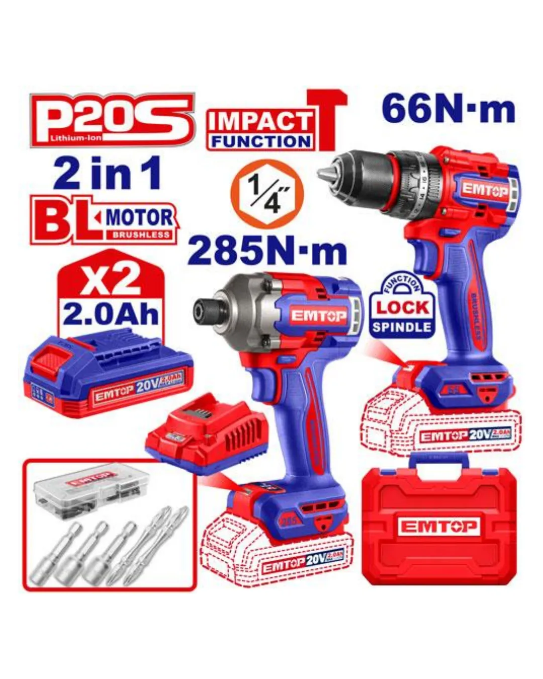TALADRO PERCUTOR 66NM + ATORNILLADOR DE IMPACTO 285NM 20V ECKL20277 - EMTOP - 1