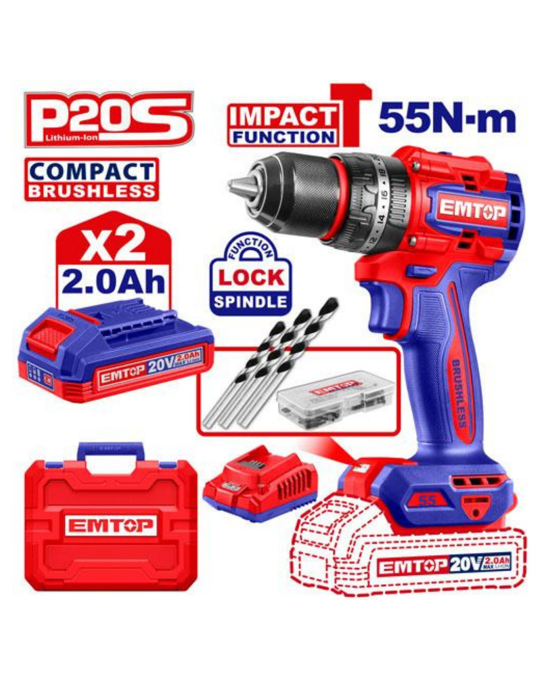 TALADRO PERCUTOR BRUSHLESS CHUCK METÁLICO ½' 20V 55NM 2AH - ECIDL20558 EMTOP - 1
