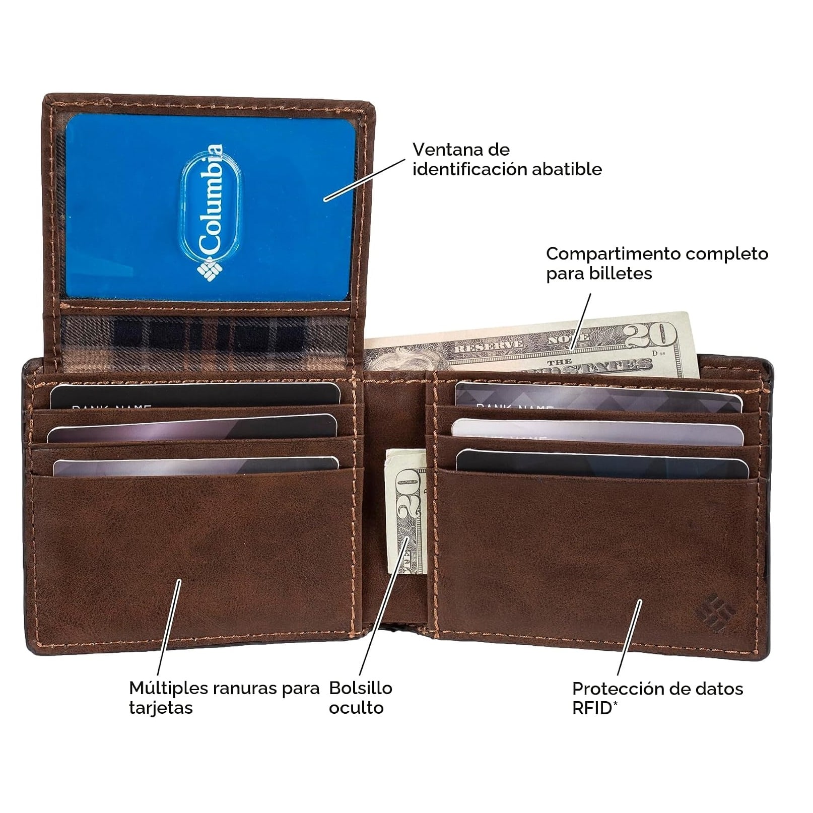 BILLETERA COLUMBIA HOMBRE SEGURIDAD RFID CUERO MARRON 2 CUERPOS LATERAL - 6