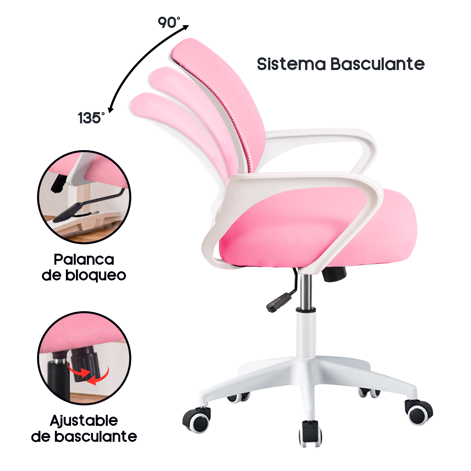 SILLA DE OFICINA ERGONÓMICA CON SOPORTE LUMBAR AVA - ROSADA - 3