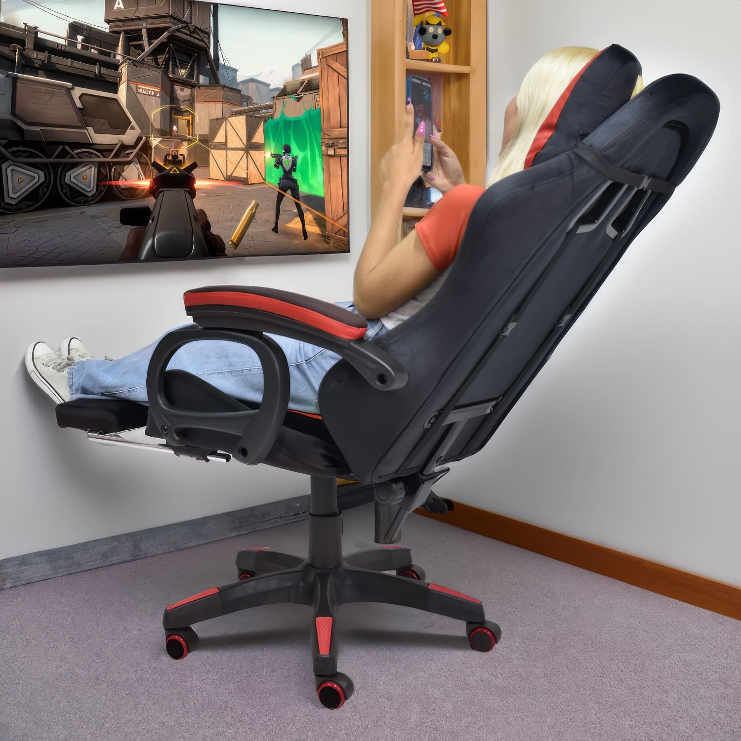 SILLA GAMER EXTINGTION SAPP GAMUZA CUERINA COLOR ROJO - 6