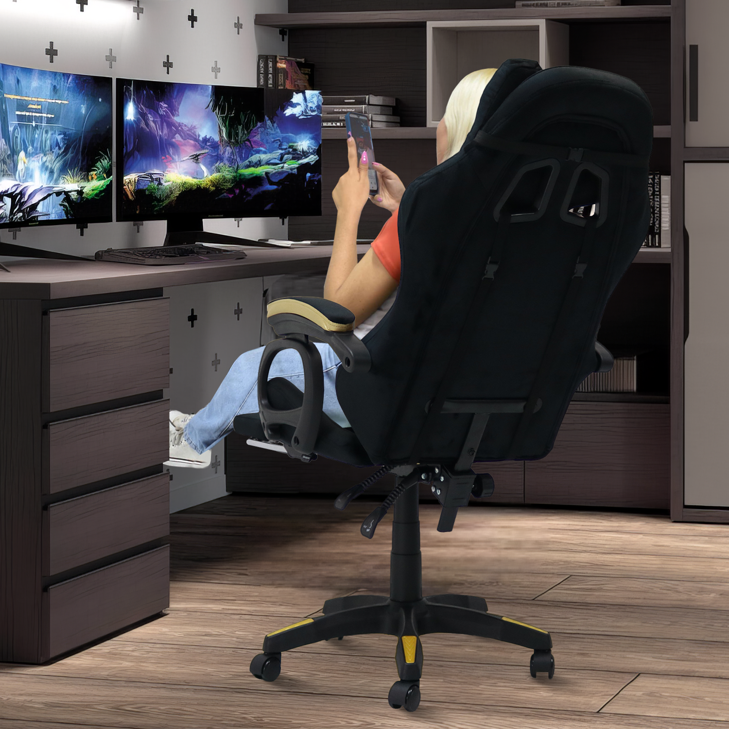 SILLA GAMER EXTINGTION SAPP GAMUZA CUERINA COLOR GOLD - DORADO - 9