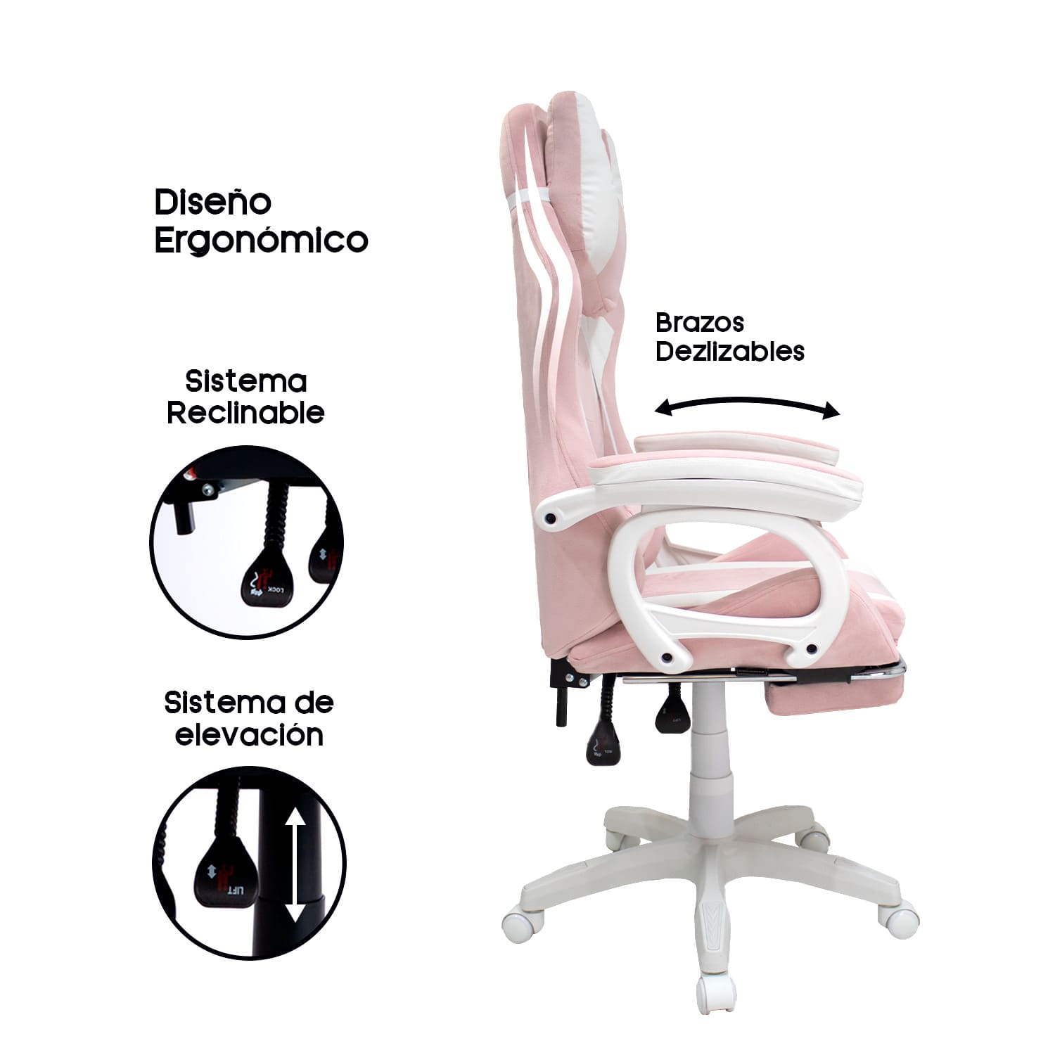 SILLA GAMER EXTINGTION SAPP GAMUZA CUERINA COLOR ROSADO - 2