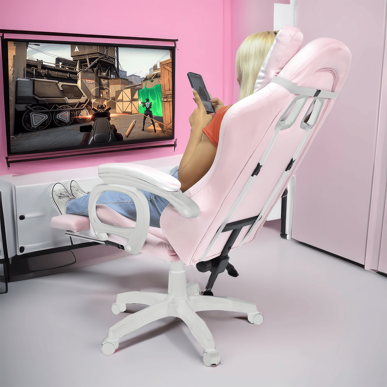 SILLA GAMER EXTINGTION SAPP GAMUZA CUERINA COLOR ROSADO - 6