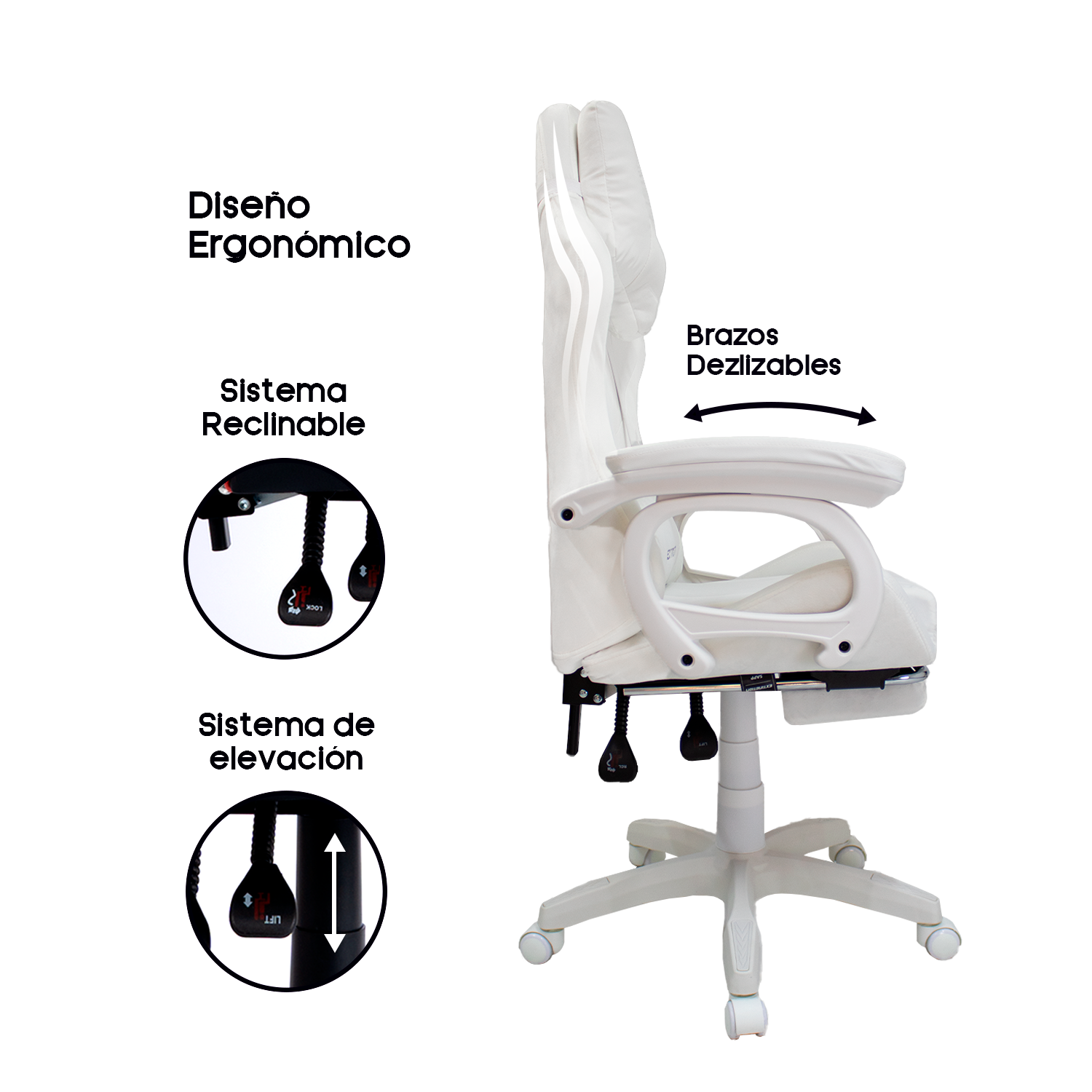 SILLA GAMER EXTINGTION SAPP GAMUZA CUERINA COLOR BLANCO - 3