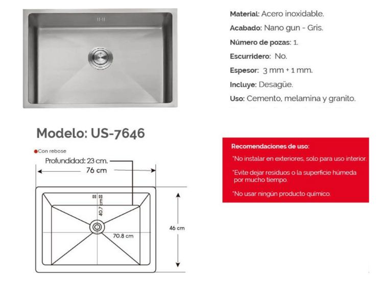 LAVADERO DE LUJO PARA COCINA 1 POZA 76 CM X 46 CM NANO GRIS ACERO INOXIDABLE - 4