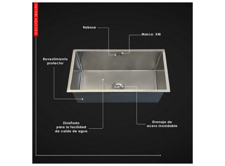 LAVADERO DE LUJO PARA COCINA 1 POZA 76 CM X 46 CM NANO GRIS ACERO INOXIDABLE - 6