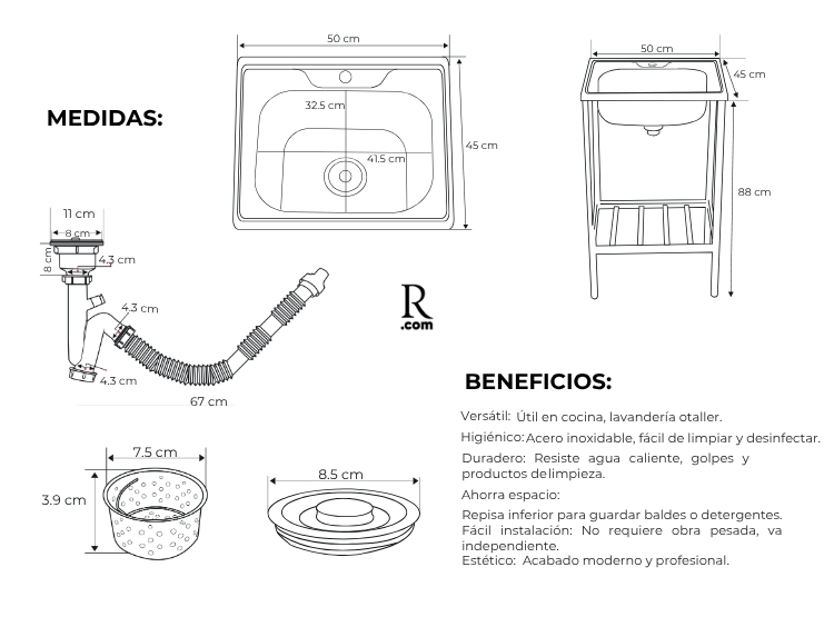 LAVADERO DE COCINA DE 50CM* 45CM CON SOPORTE - 4
