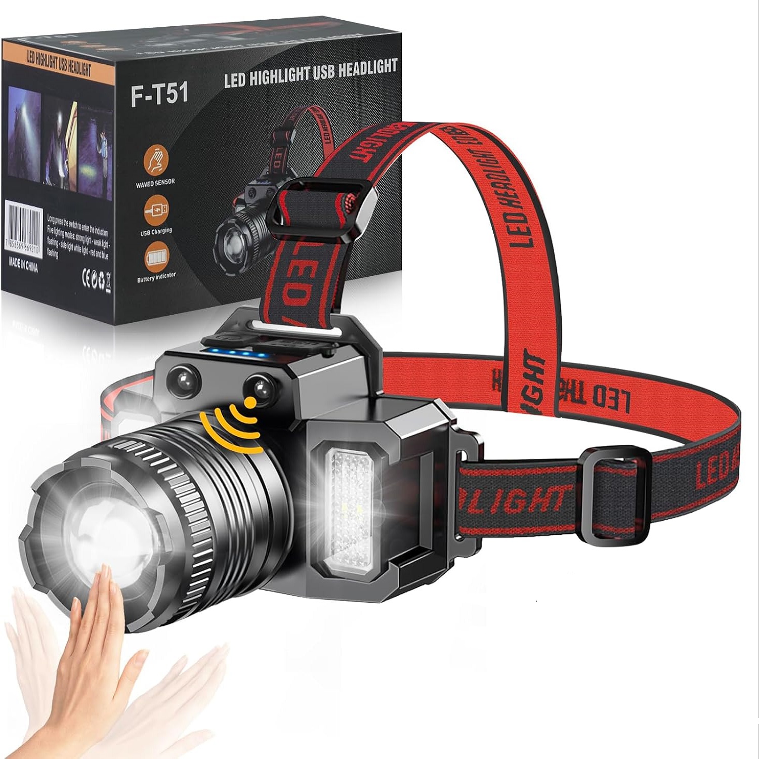 LINTERNA DE CABEZA LED CON SENSOR 5 MODOS LINTERNA FRONTAL.. - 1