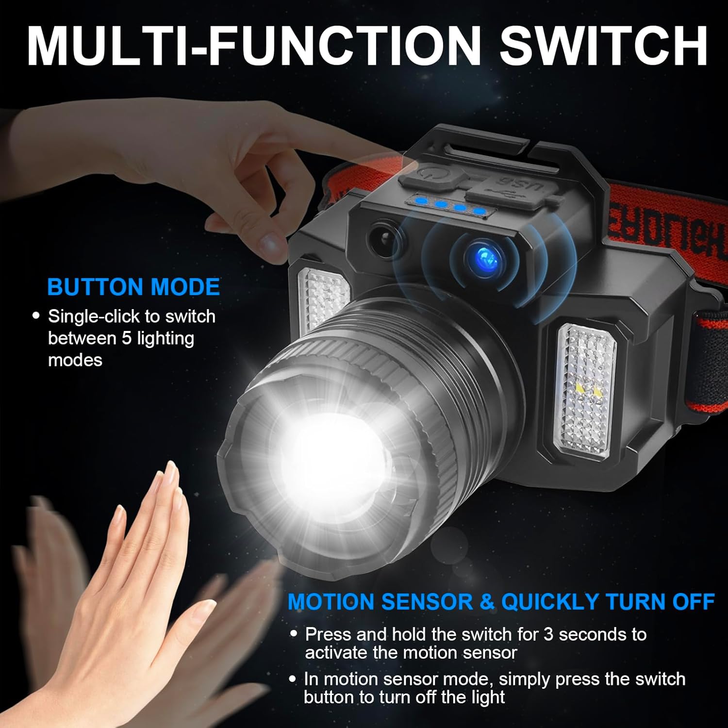 LINTERNA DE CABEZA LED CON SENSOR 5 MODOS LINTERNA FRONTAL.. - 4