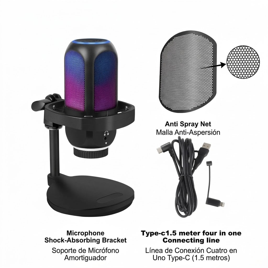 MICRÓFONO CONDENSADOR RGB SONIDO DE ALTA CALIDAD STREAMING GRABACIÓN - 5