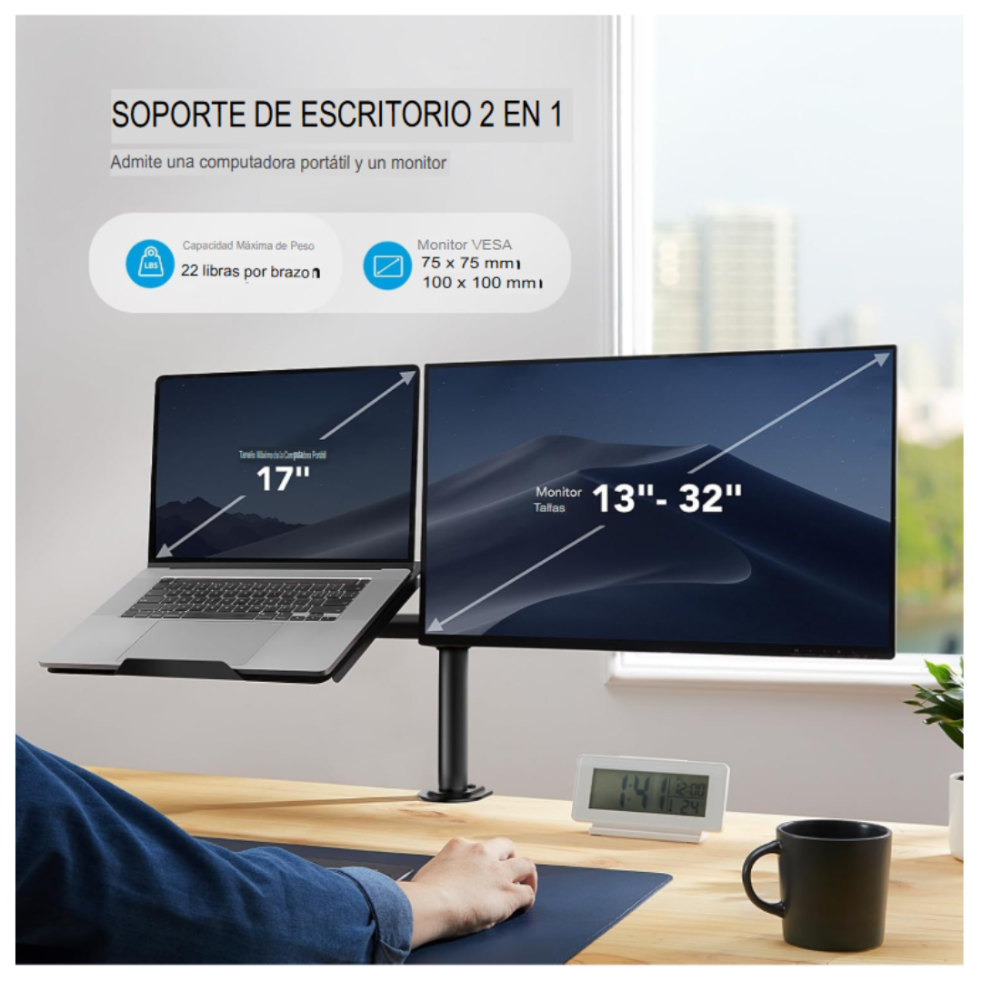SOPORTE 2 EN 1 PARA MONITOR Y LAPTOP 13-32' Y LAPTOP DE 10 A 17' CON BRAZO ARTICULADO ERGONÓMICO - 4