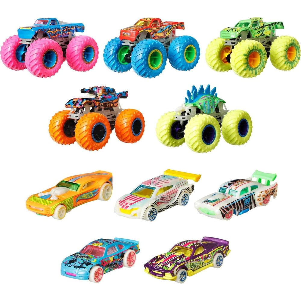 HOT WHEELS MONSTER TRUCKS CON 5 CAMIONES Y 5 AUTOS QUE BRILLAN EN LA OSCURIDAD - 1