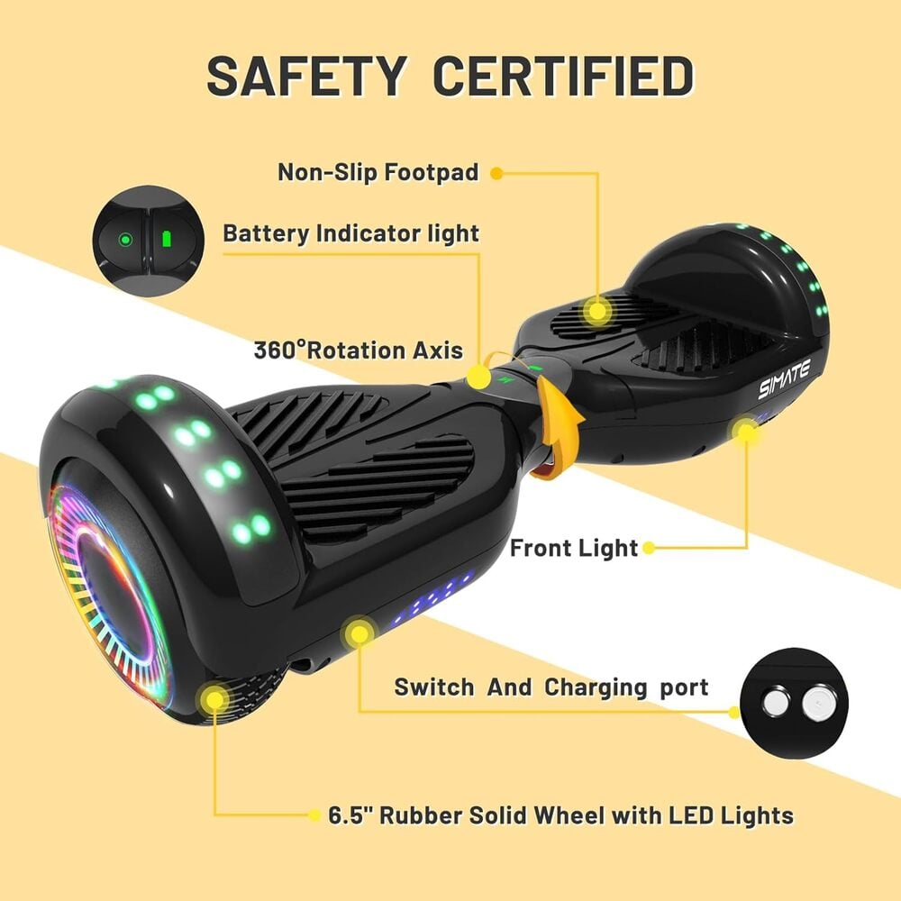 SCOOTER ELÉCTRICO LED Y MÚSICA SMART BALANCE HOVERBOARD SIMATE NEGRO - 5
