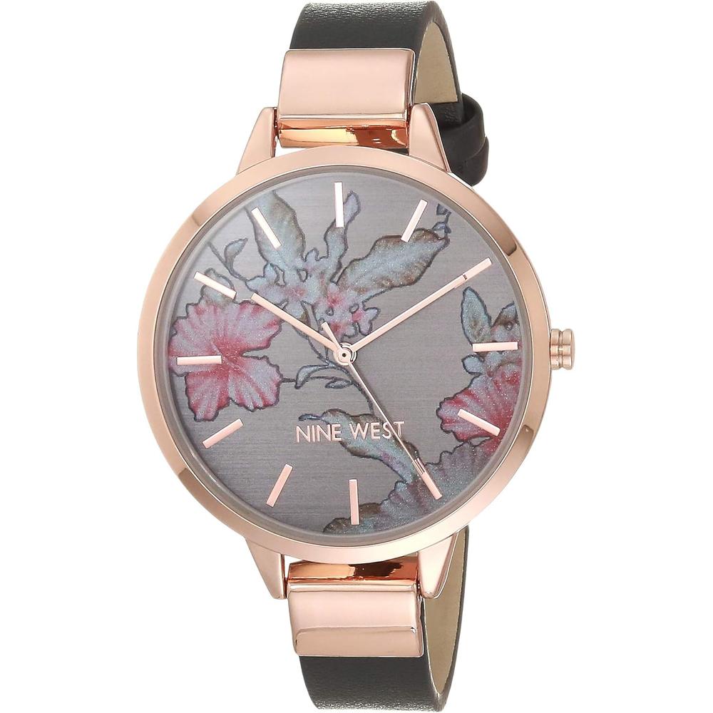 NINE WEST NW-2044FLBY RELOJ CON ESFERA DECORADA Y CORREA LISA PARA MUJER | GRIS/ORO ROSA - 1
