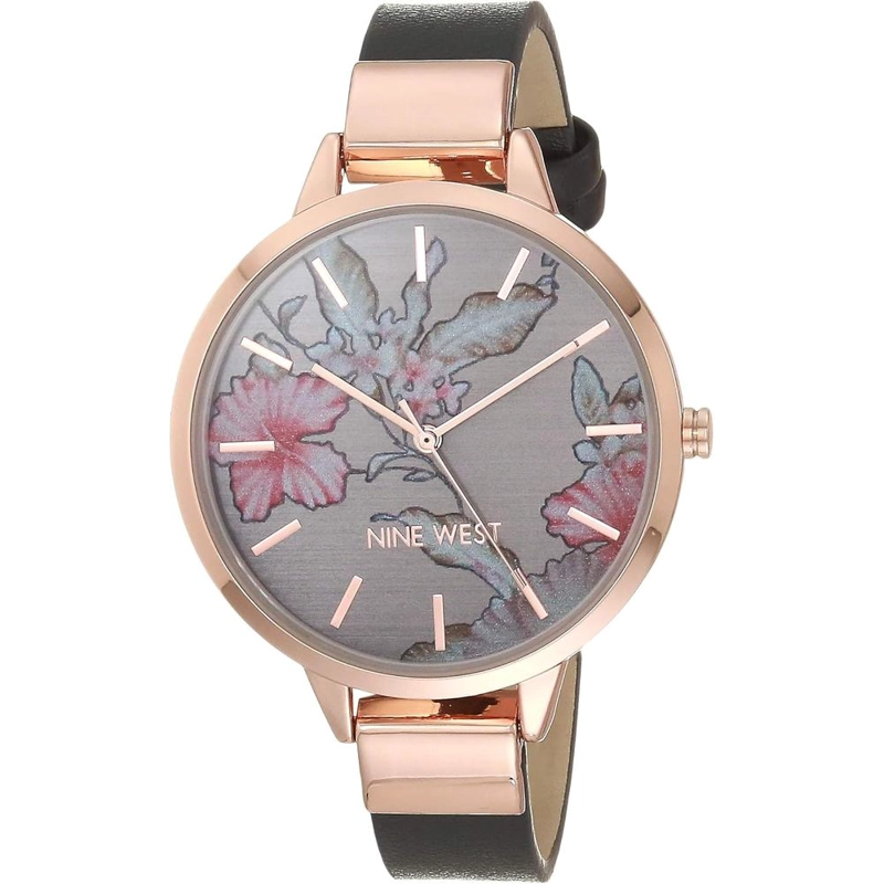 NINE WEST NW-2044FLBY RELOJ CON ESFERA DECORADA Y CORREA LISA PARA MUJER | GRIS/ORO ROSA - 2