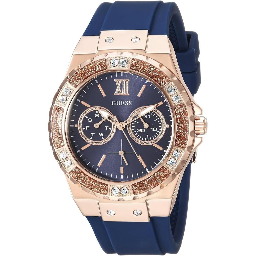 GUESS RELOJ DE SILICONA RESISTENTE A LAS MANCHAS DE ACERO INOXIDABLE PARA MUJER | ORO ROSA - AZUL - 1