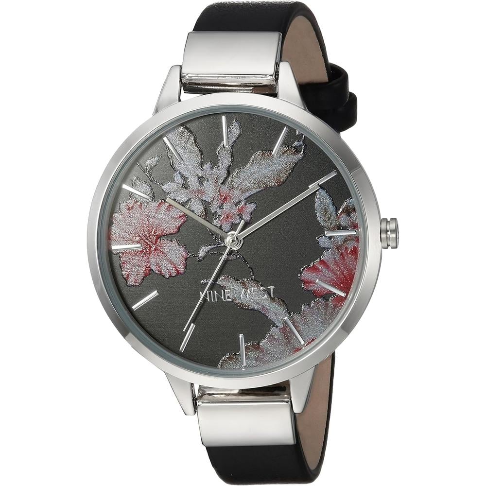 NINE WEST NW-2044FLBY RELOJ CON ESFERA DECORADA Y CORREA LISA PARA MUJER | NEGRO/PLATA - 1