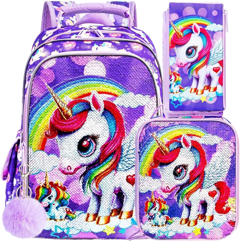 MOCHILA DE 3 PIEZAS PARA NIÑAS CON LONCHERA, BOLSA DE LIBROS DE LENTEJUELAS DE 16 PULGADAS CON LONCHERA, BOLSA ESCOLAR - 1