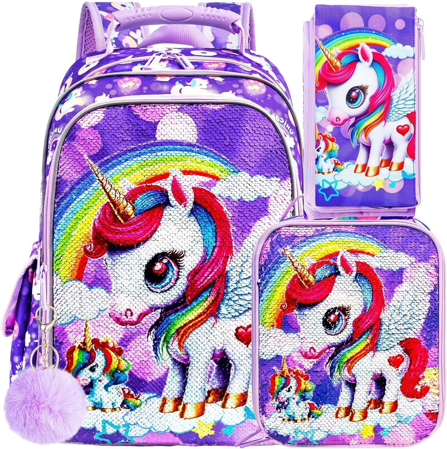 MOCHILA DE 3 PIEZAS PARA NIÑAS CON LONCHERA, BOLSA DE LIBROS DE LENTEJUELAS DE 16 PULGADAS CON LONCHERA, BOLSA ESCOLAR - 2