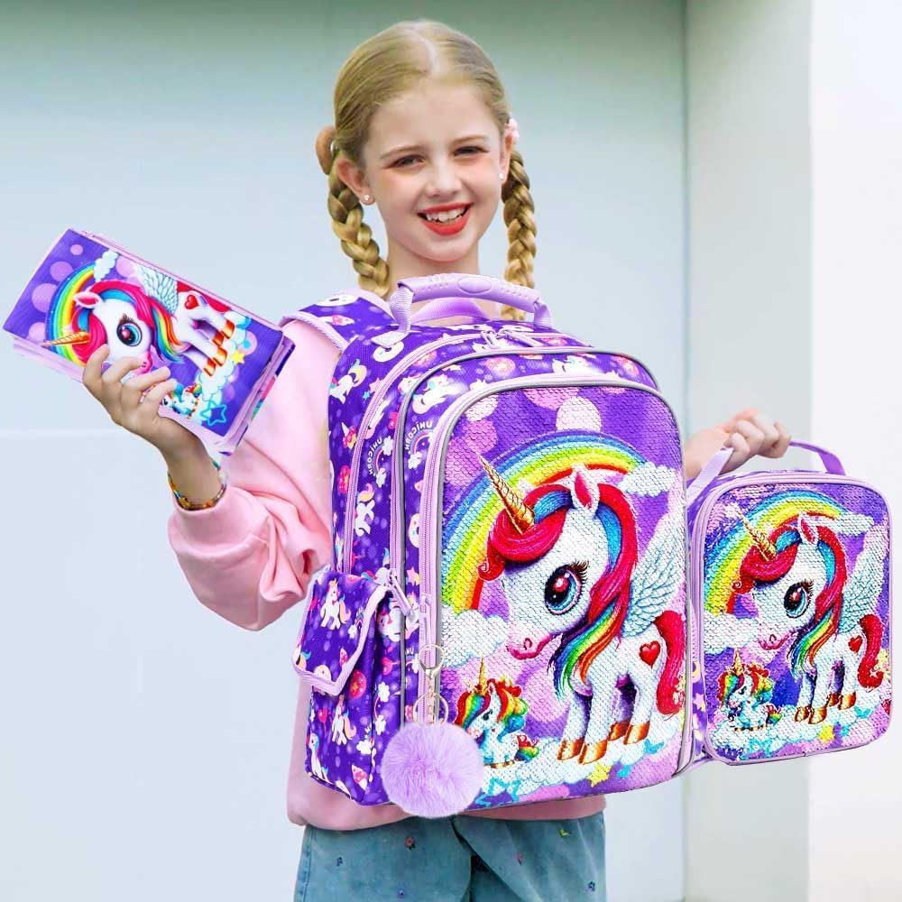 MOCHILA DE 3 PIEZAS PARA NIÑAS CON LONCHERA, BOLSA DE LIBROS DE LENTEJUELAS DE 16 PULGADAS CON LONCHERA, BOLSA ESCOLAR - 3
