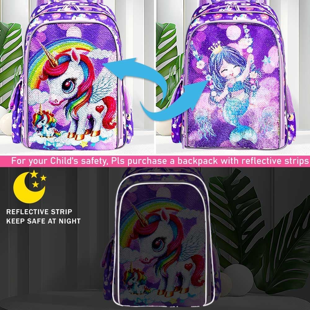 MOCHILA DE 3 PIEZAS PARA NIÑAS CON LONCHERA, BOLSA DE LIBROS DE LENTEJUELAS DE 16 PULGADAS CON LONCHERA, BOLSA ESCOLAR - 4