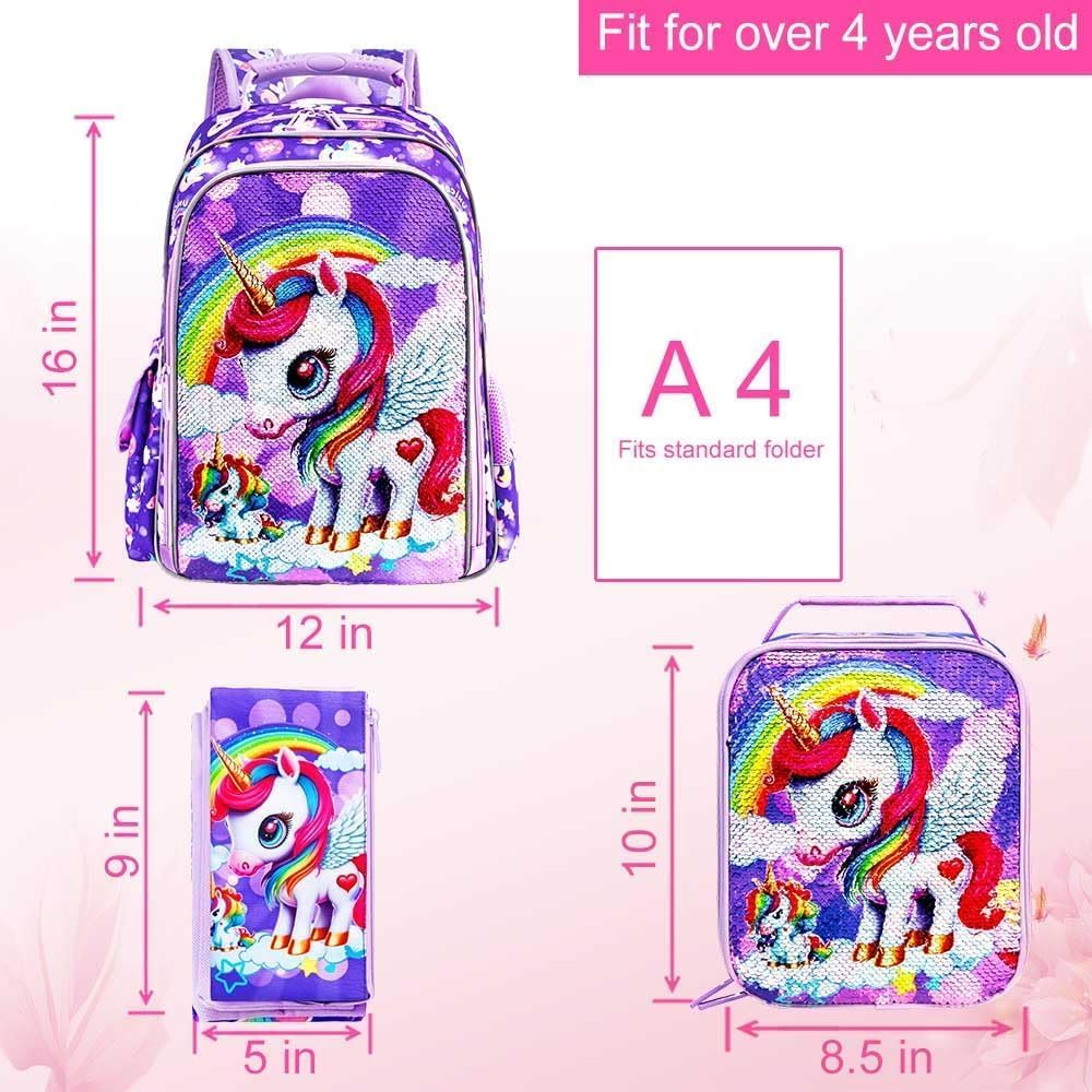 MOCHILA DE 3 PIEZAS PARA NIÑAS CON LONCHERA, BOLSA DE LIBROS DE LENTEJUELAS DE 16 PULGADAS CON LONCHERA, BOLSA ESCOLAR - 5