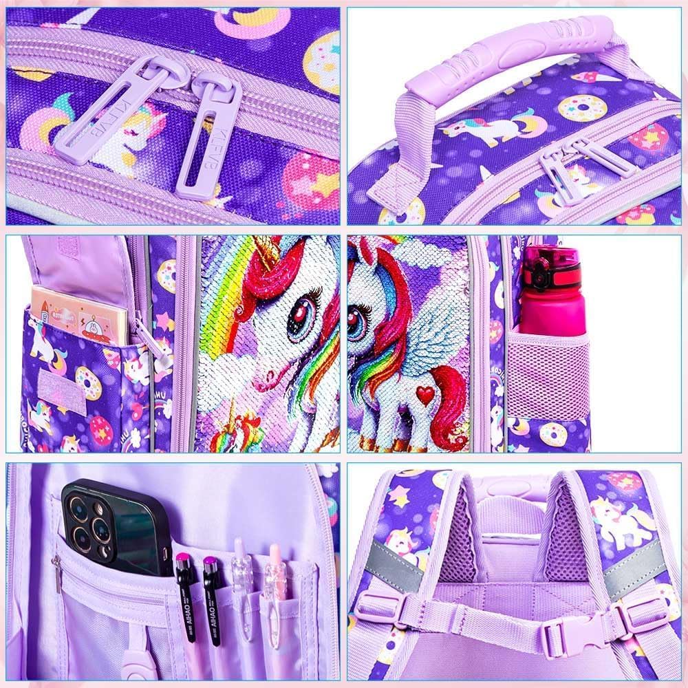 MOCHILA DE 3 PIEZAS PARA NIÑAS CON LONCHERA, BOLSA DE LIBROS DE LENTEJUELAS DE 16 PULGADAS CON LONCHERA, BOLSA ESCOLAR - 6