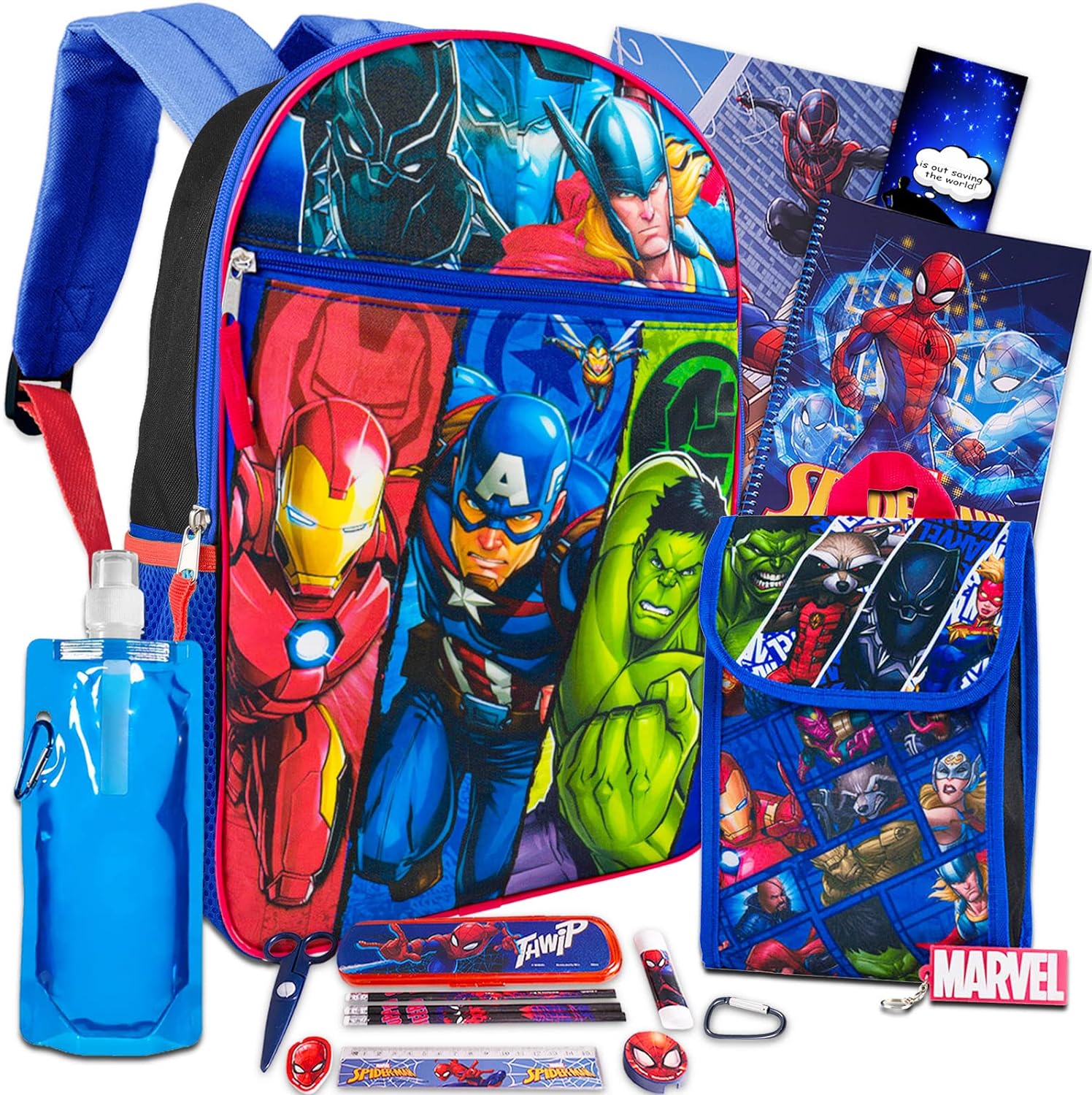 MOCHILA DE LOS VENGADORES DE MARVEL, LONCHERA Y SUMINISTROS ESCOLARES DE SPIDERMAN, PAQUETE CON 16 BOLSAS ESCOLARES. - 2
