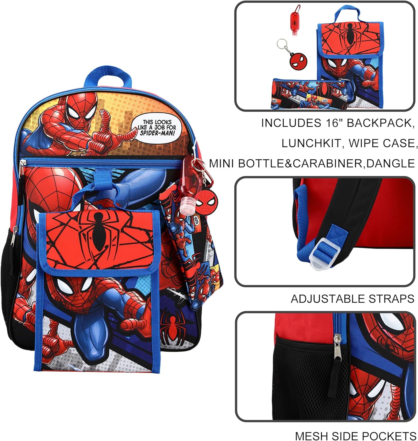 MARVEL SPIDERMAN MOCHILA ACCESORIOS JUEGO DE 6 PIEZAS PARA NIÑOS, AZUL, MOCHILA - 6