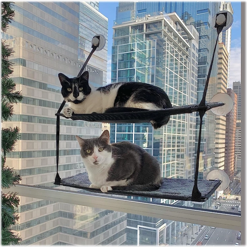 KYH PET PRODUCTS EZ MOUNT - CAMA PARA GATOS CON ALFÉIZAR DE VENTANA, MUEBLES PARA GATO, HAMACA PARA GATO, DOBLE PILA GRIS - 1