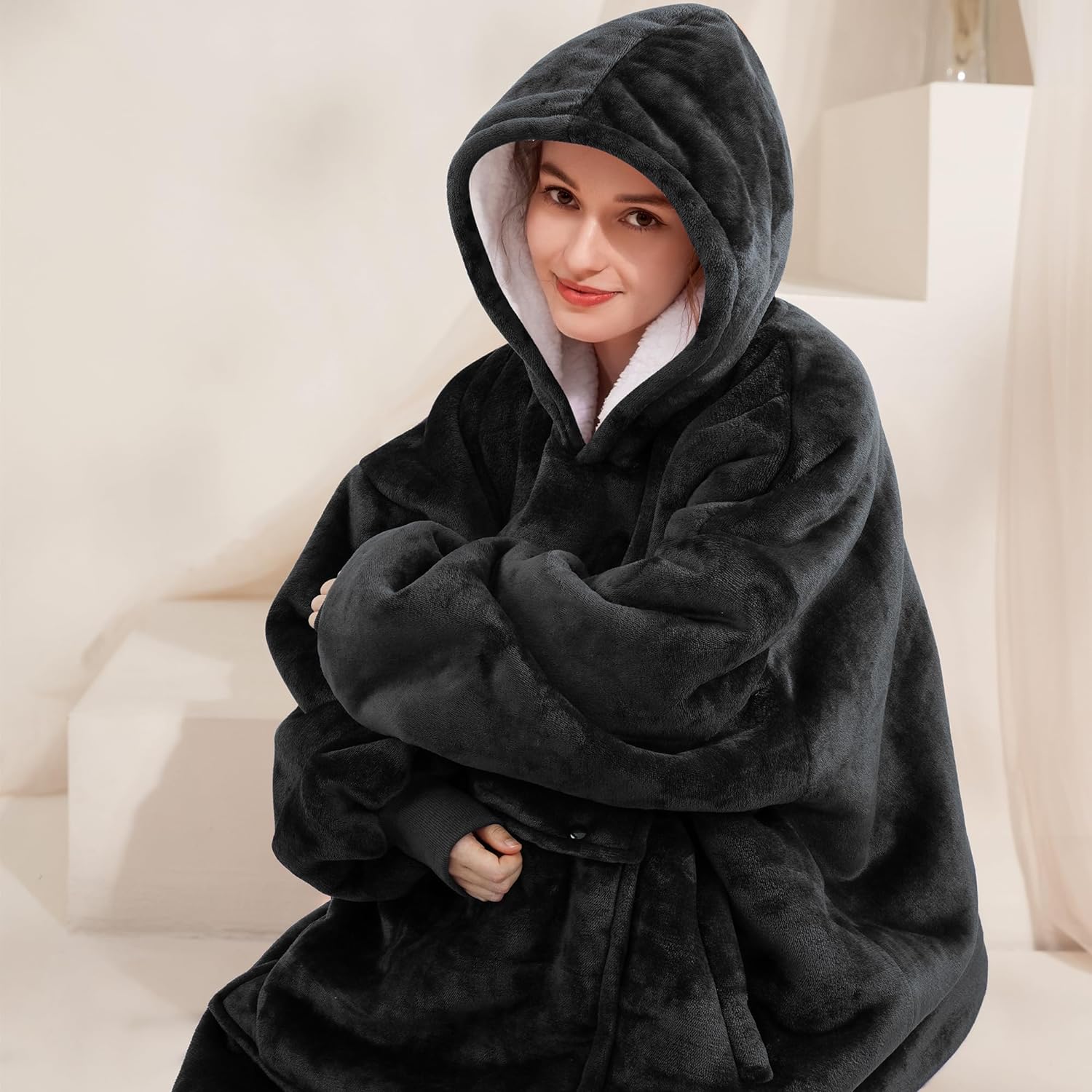 BATA CON CAPUCHA POLAR SHERPA DE GRAN TAMAÑO PARA LLEVAR PUESTA-DISEÑO - 4