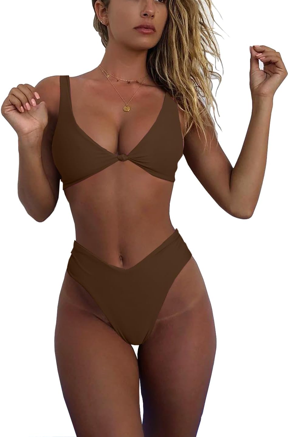 GELUBOAO CONJUNTO DE BIKINI PARA MUJER, CUELLO EN V, NUDO FRONTAL, PUSH UP, TANGA DE PIERNA ALTA, TRAJE DE BAÑO DE DOS PIEZAS - 1