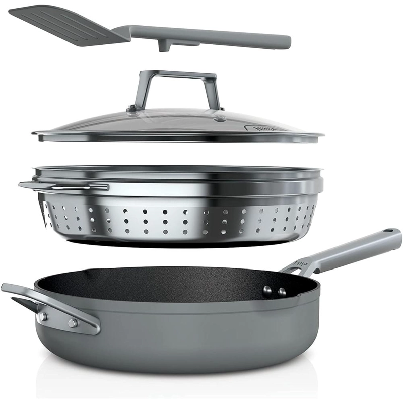 NINJA SARTÉN FOODI NEVERSTICK CON TAPA, COLADOR Y ESPÁTULA, APTA PARA HORNO, 4 QT / 3,8 L | GRIS - 1