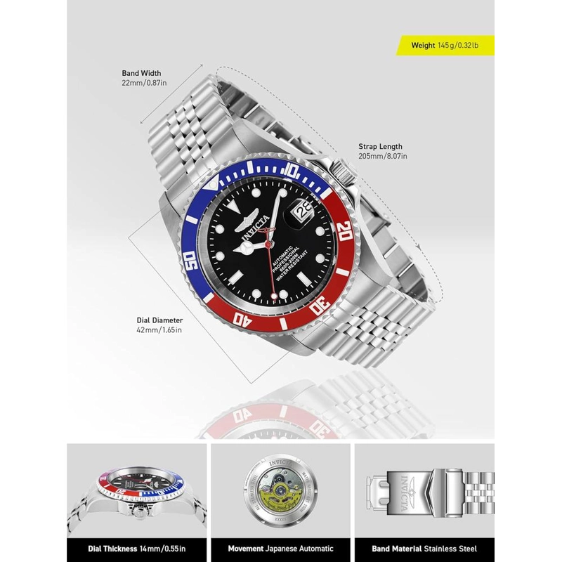 RELOJ INVICTA PRO DIVER PARA HOMBRE ESTILO BUZO CRISTAL MINERAL AUTOMÁTICO | PLATEADO Y NEGRO - 3