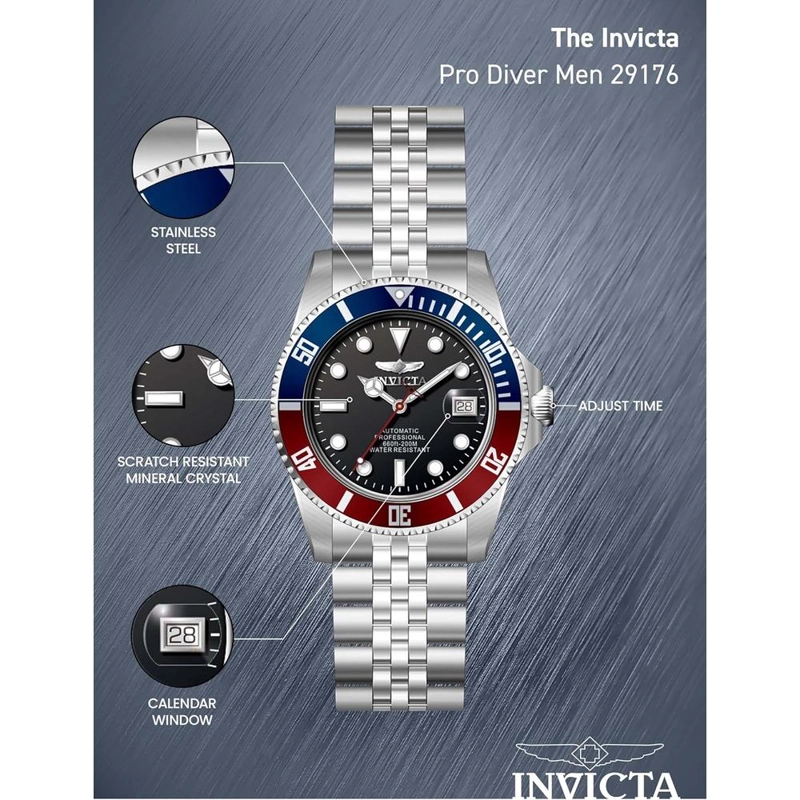 RELOJ INVICTA PRO DIVER PARA HOMBRE ESTILO BUZO CRISTAL MINERAL AUTOMÁTICO | PLATEADO Y NEGRO - 4