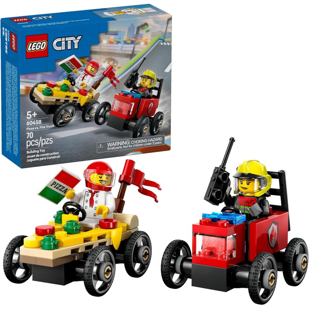 LEGO CITY PIZZA VS. CAMIÓN DE BOMBEROS, INCLUYE MINIFIGURAS DE CHEF Y BOMBERO - 1