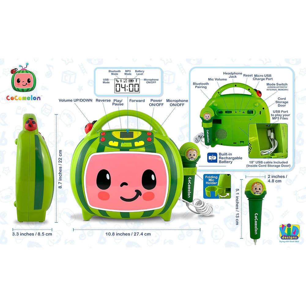 EKIDS COCOMELON MÁQUINA DE KARAOKE BLUETOOTH CON MICRÓFONO Y PUERTO USB - 6