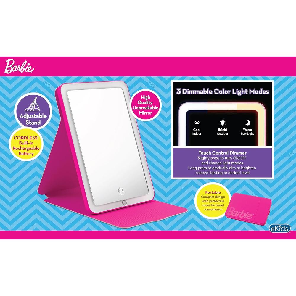 EKIDS BARBIE ESPEJO DE VIAJE CON LUZ Y SOPORTE AJUSTABLE RECARGABLE - 3