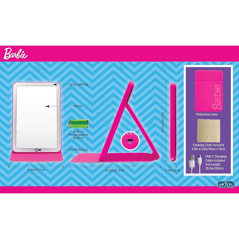 EKIDS BARBIE ESPEJO DE VIAJE CON LUZ Y SOPORTE AJUSTABLE RECARGABLE - 4