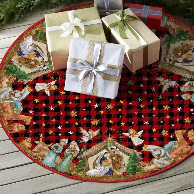 AVOIN FALDA PARA ÁRBOL DE NAVIDAD COLORLIFE DE CUADROS DE BÚFALO, 91 CM | ROJO - 4