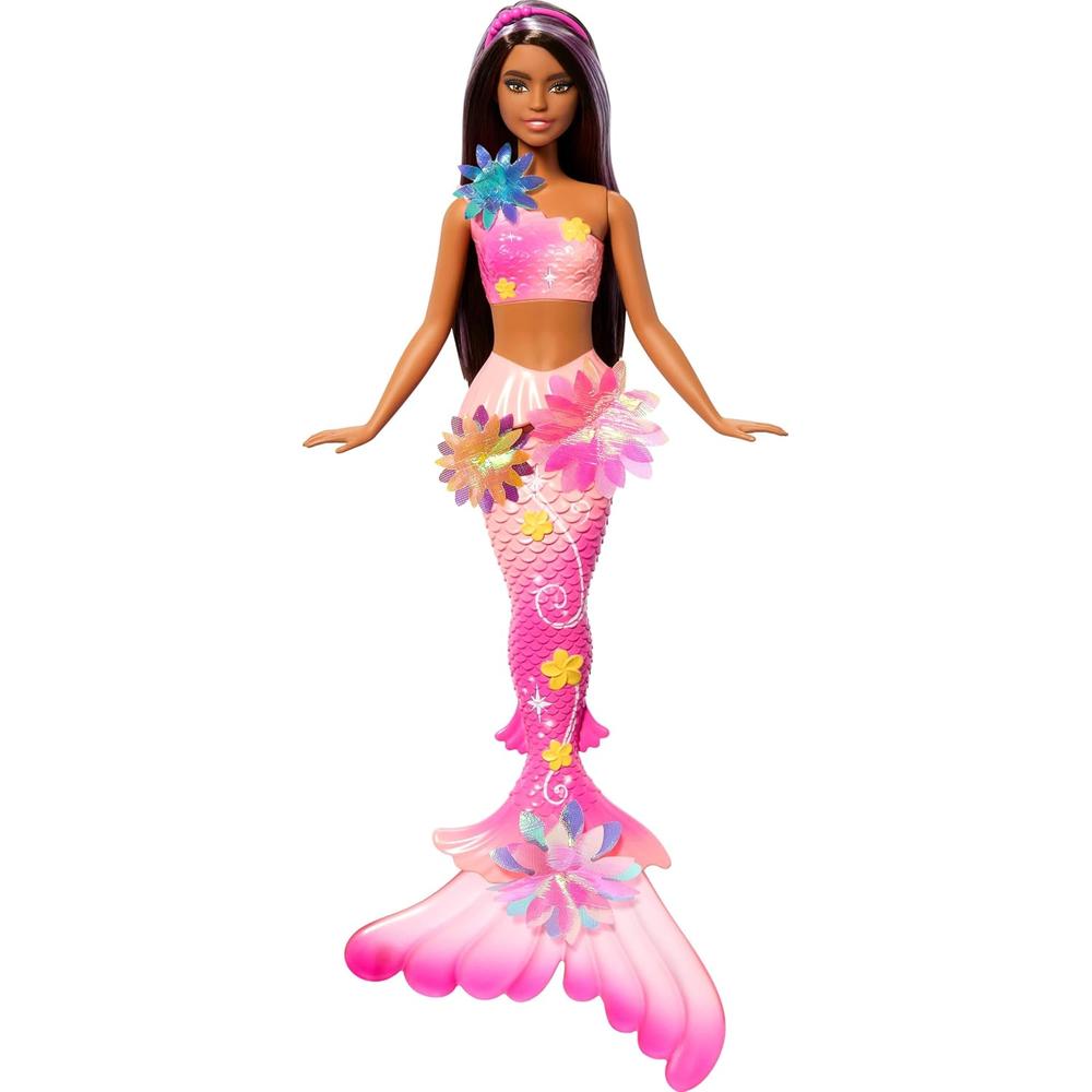 BARBIE SIRENA CASTAÑA FLORES MÁGICAS COLA OMBRÉ DIADEMA - 1