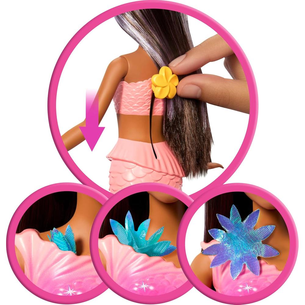 BARBIE SIRENA CASTAÑA FLORES MÁGICAS COLA OMBRÉ DIADEMA - 3