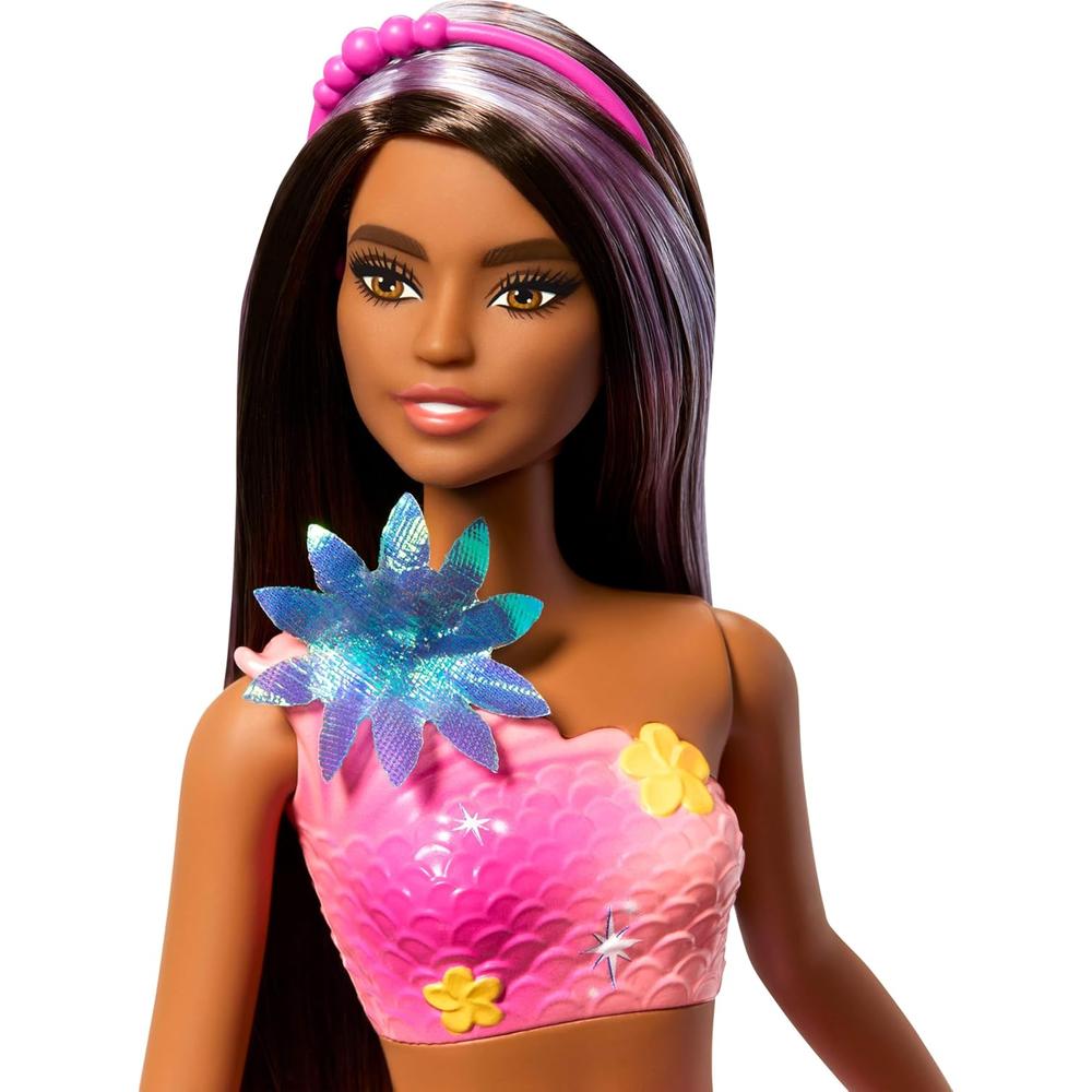 BARBIE SIRENA CASTAÑA FLORES MÁGICAS COLA OMBRÉ DIADEMA - 5