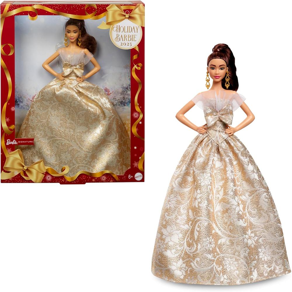 BARBIE MODA NAVIDEÑA 2025 CABELLO CASTAÑO VESTIDO PLATEADO DORADO - 1