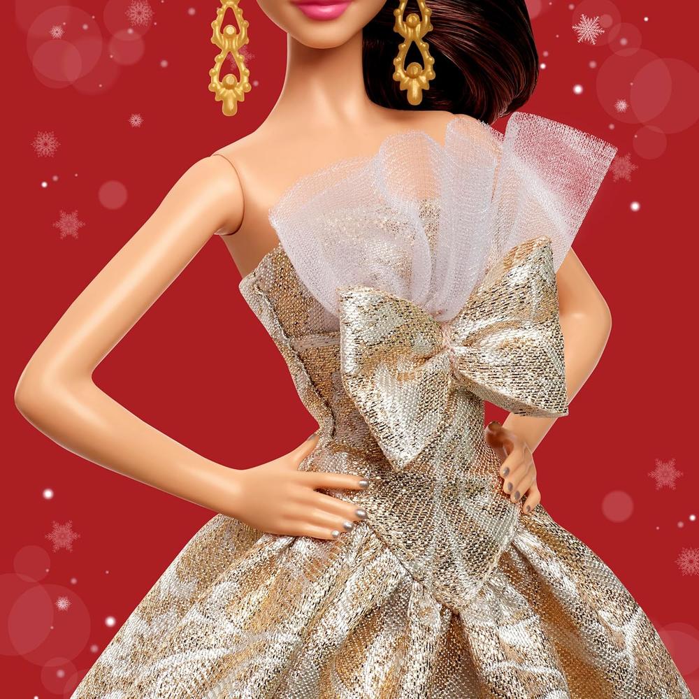BARBIE MODA NAVIDEÑA 2025 CABELLO CASTAÑO VESTIDO PLATEADO DORADO - 3