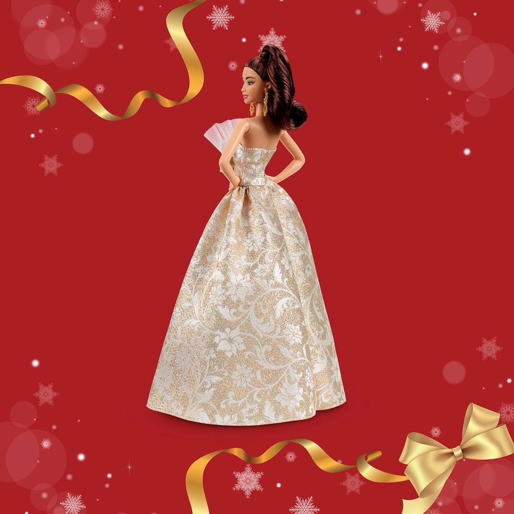 BARBIE MODA NAVIDEÑA 2025 CABELLO CASTAÑO VESTIDO PLATEADO DORADO - 5