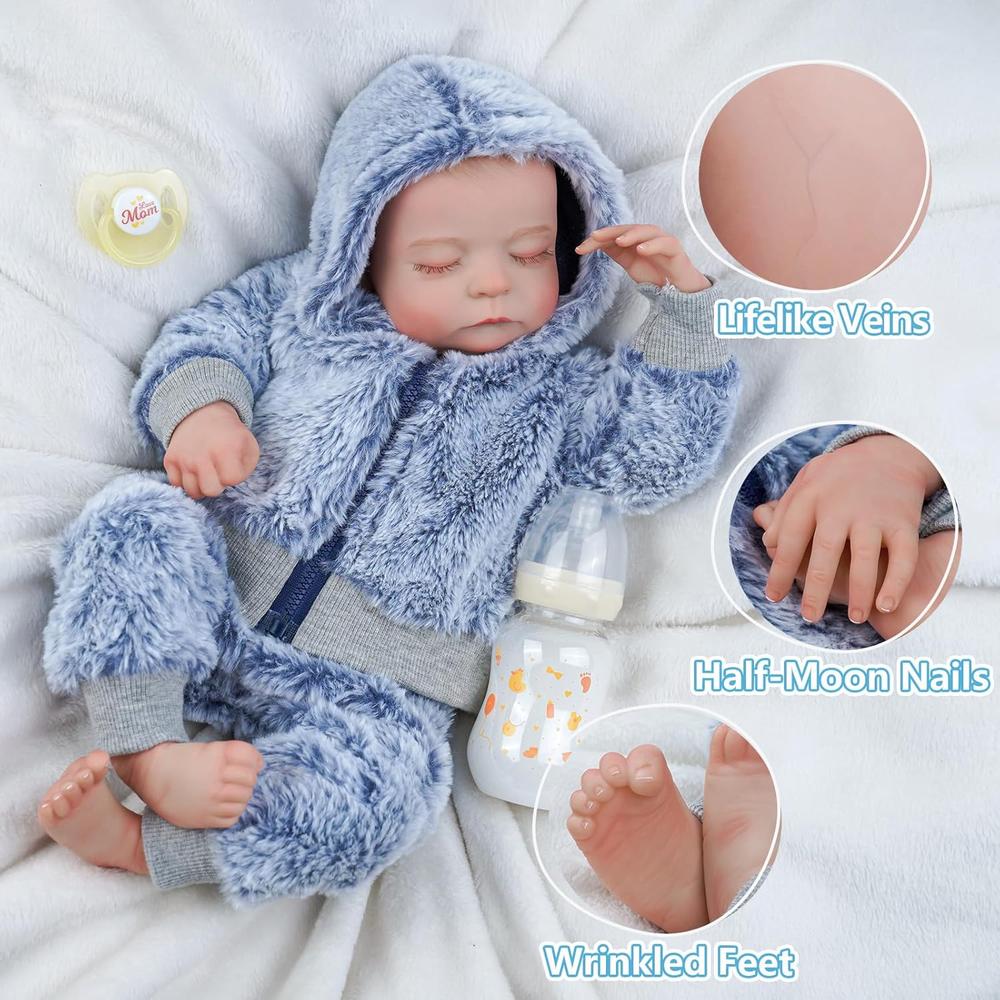BABESIDE MUÑECA BEBÉ REBORN 17'/43 CM CON ACCESORIOS | CESTA GRIS - 3