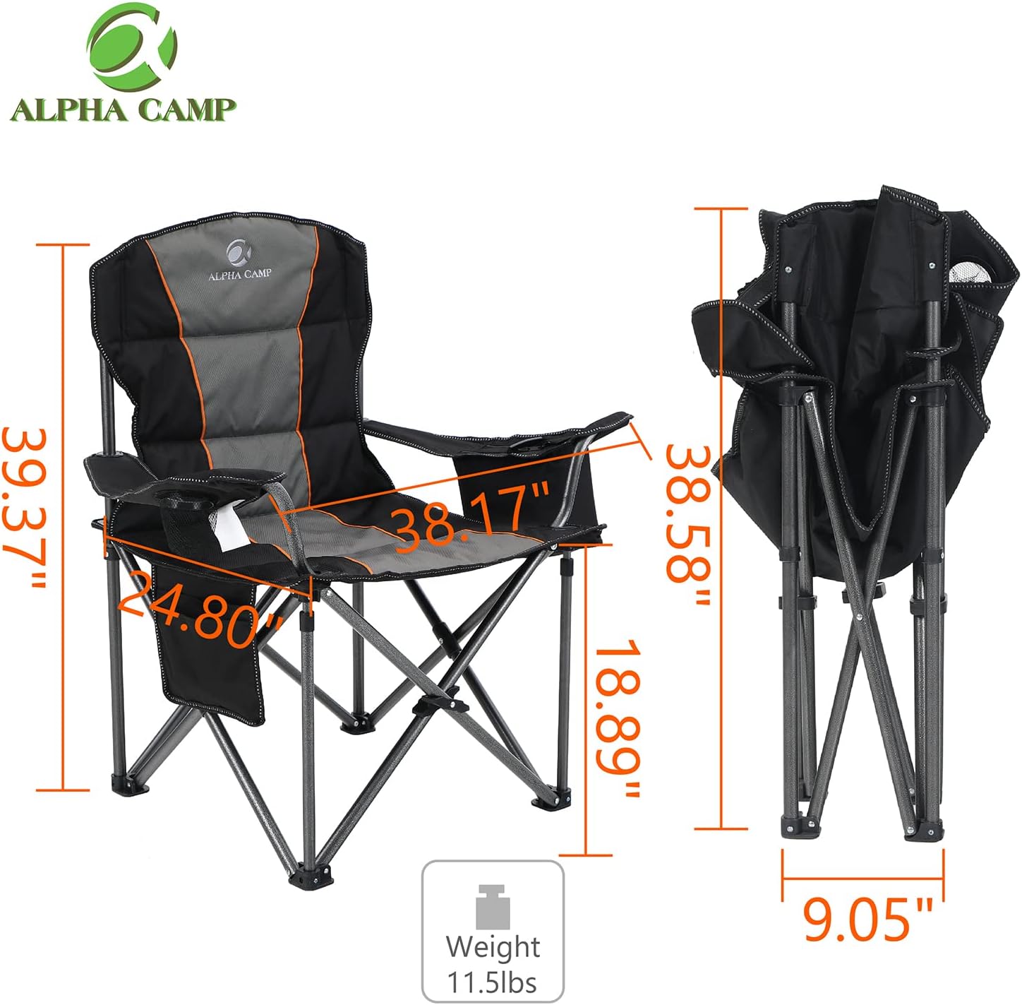 ALPHA CAMP SILLA PLEGABLE DE GRAN TAMAÑO PARA CAMPAMENTO, ALTA RESISTENCIA, SOPORTA 450 LIBRAS, MARCO DE ACERO - 2