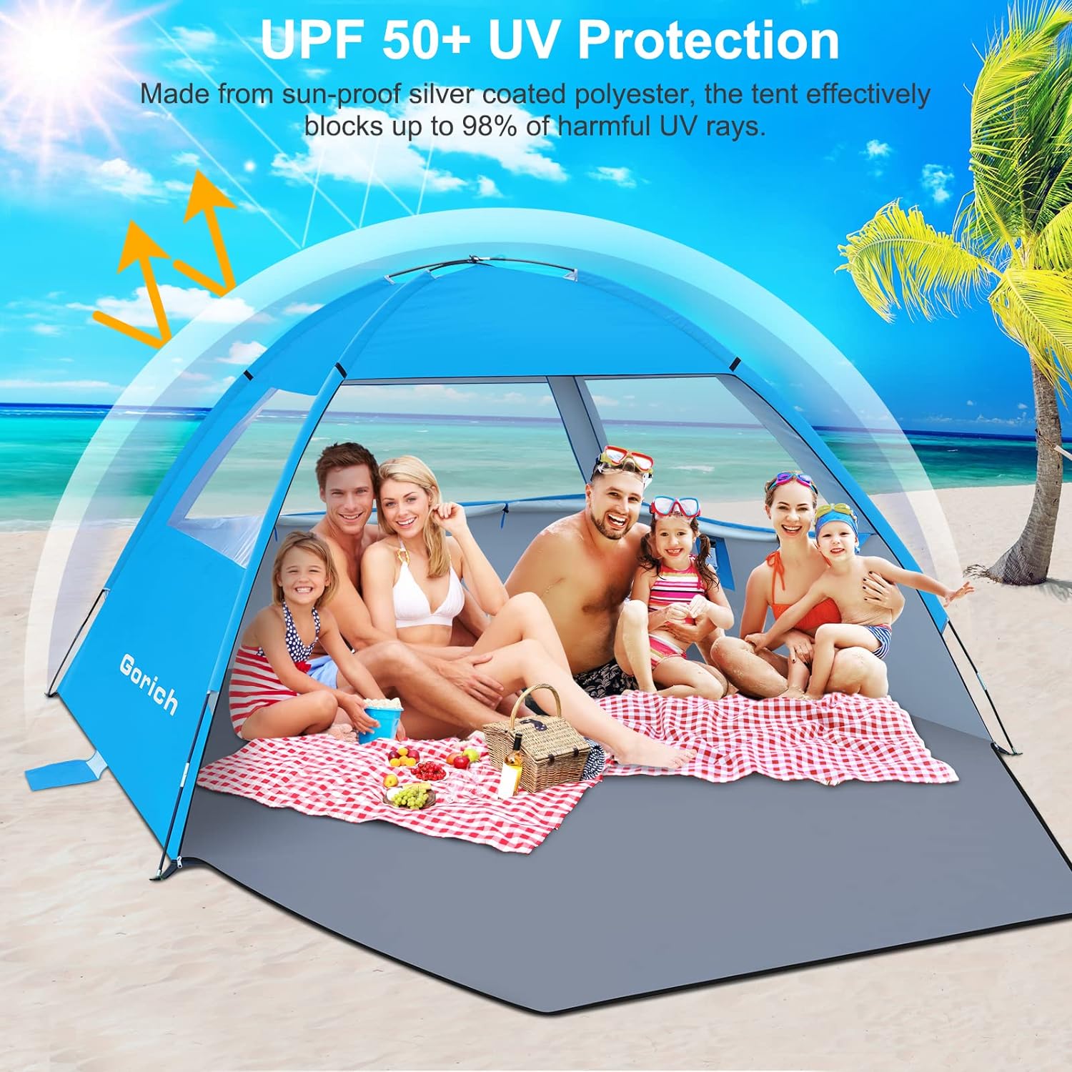 GORICH - CARPA/TIENDA DE CAMPAÑA PARA PROTECCIÓN SOLAR UV EN LA PLAYA, PARA 3-4/4-5 PERSONAS, LIGERA - 3